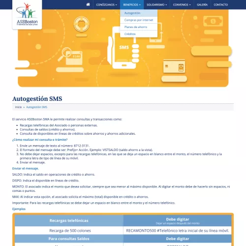 Página informativa de servicio de ASEBoston